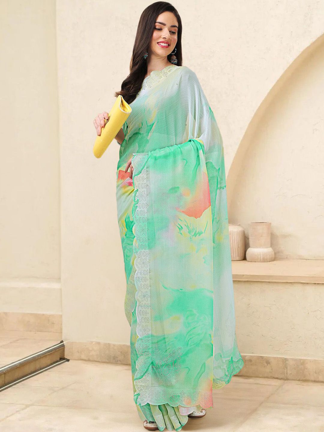Mitera Tie and Dye Beads and Stones Poly Chiffon Ready to Wear Saree - Distacart