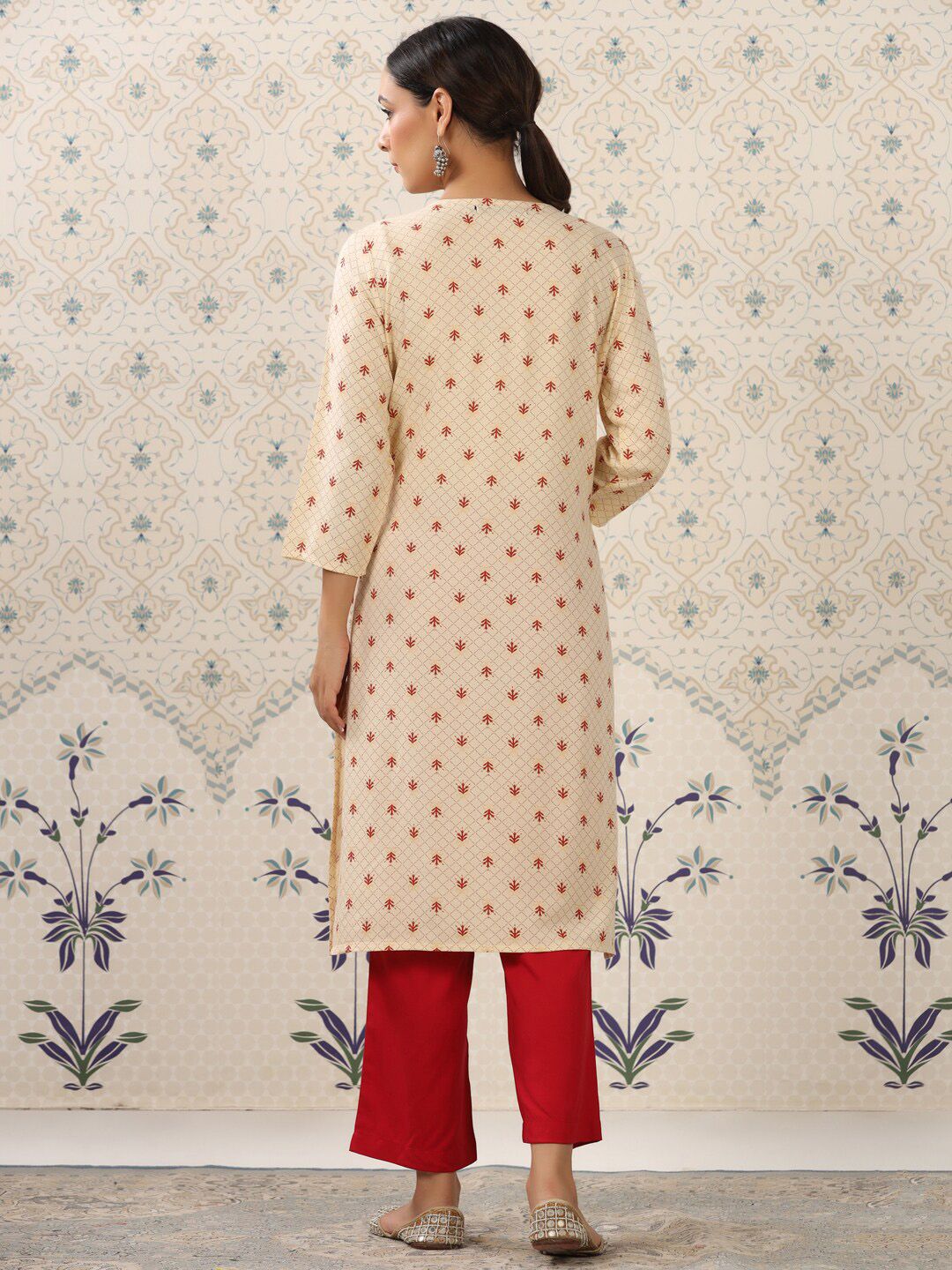 Ode by House of Pataudi Cream-Coloured & Red Printed Notched Neck Kurta With Palazzos - Distacart