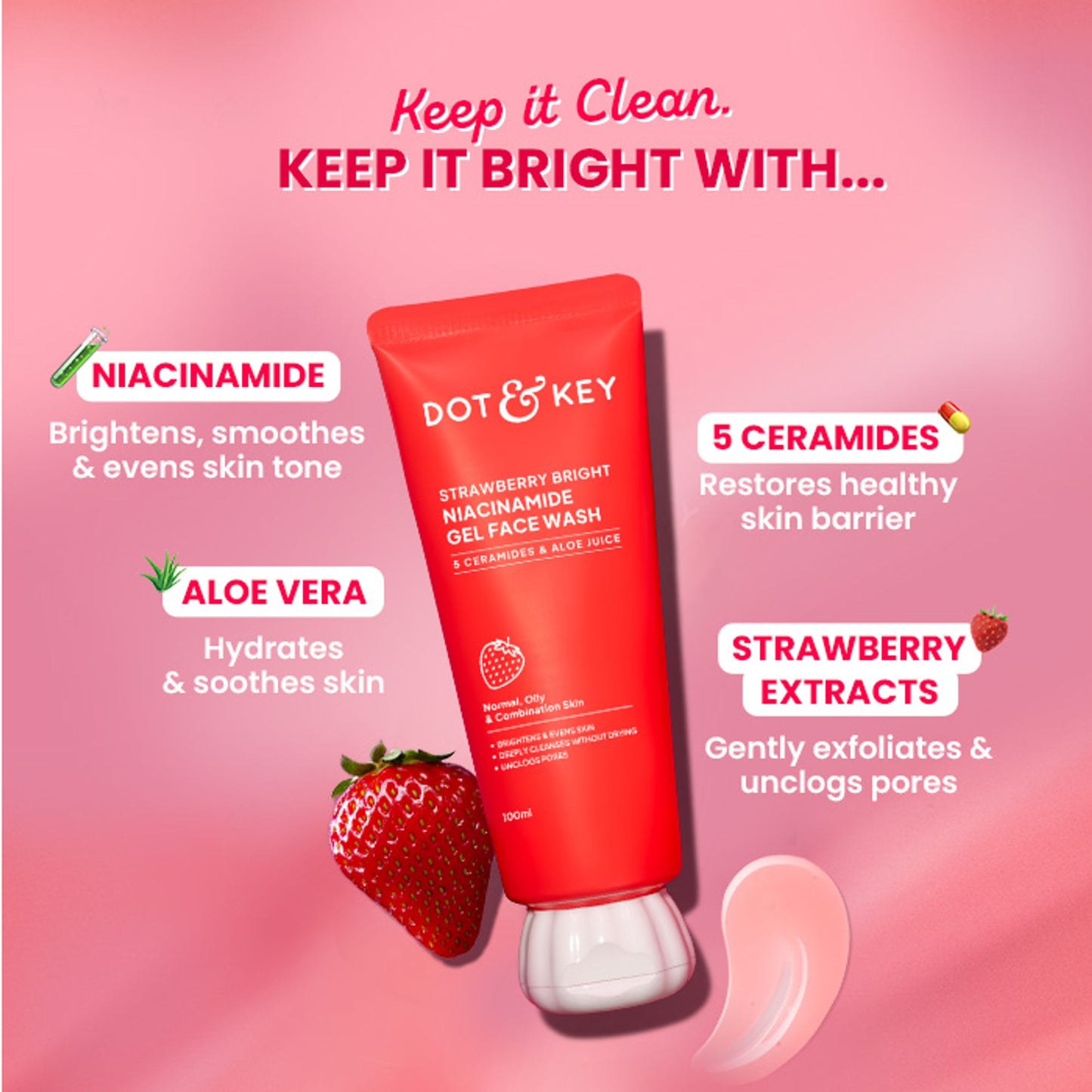 Dot & Key Strawberry Bright Niacinamide Gel Face Wash - Dista