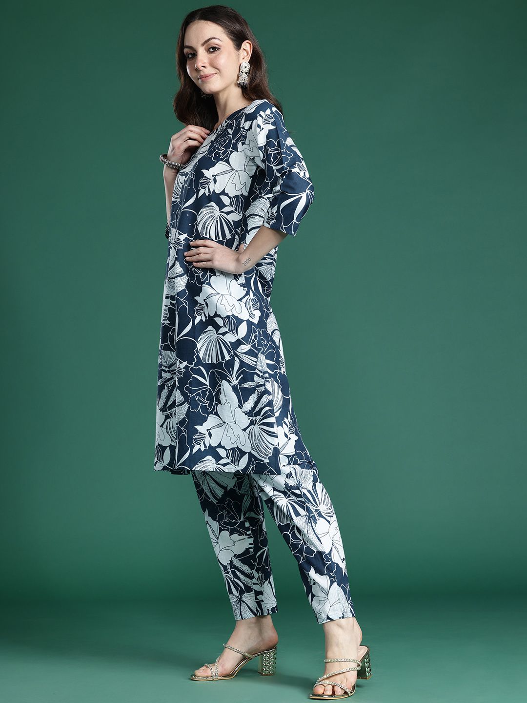 Indo Era Floral Printed Pure Cotton Kurta with Trousers