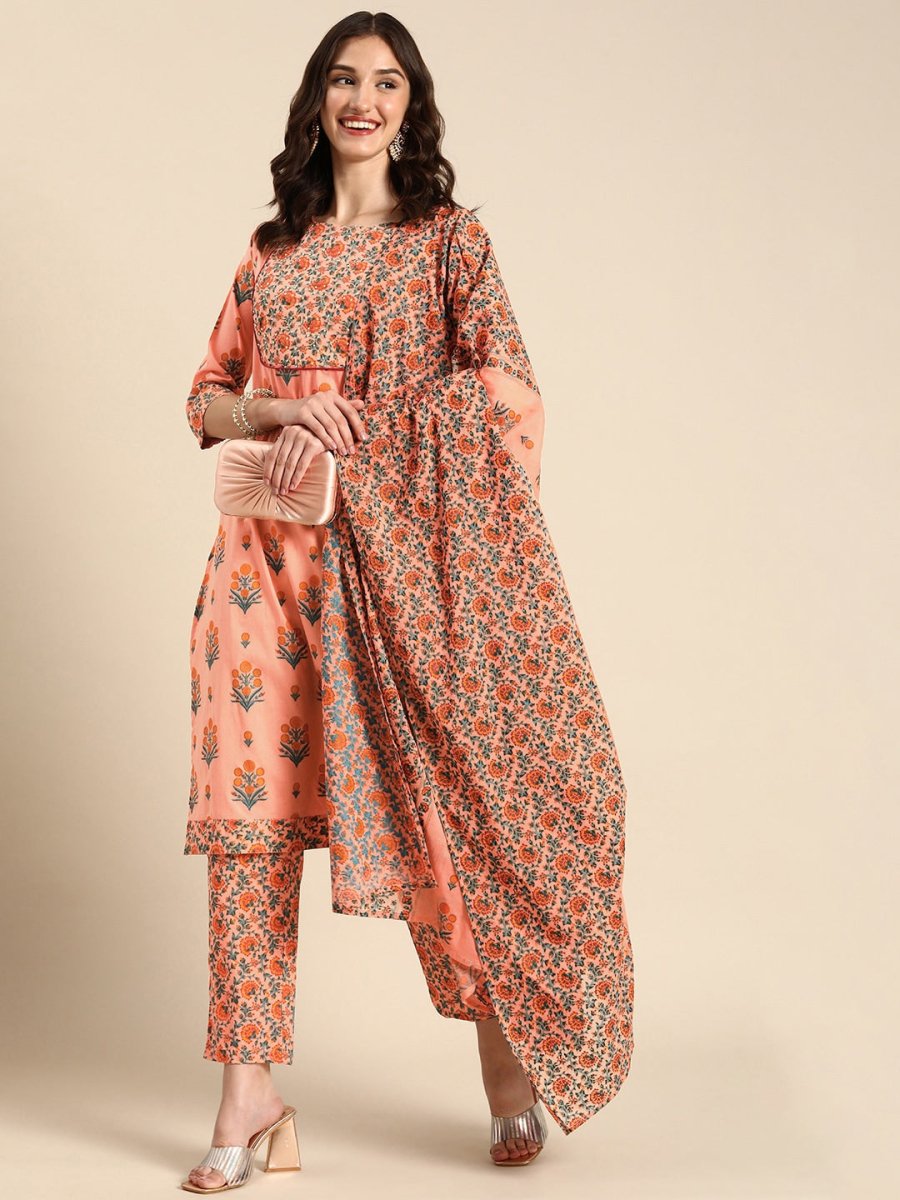 Anouk Pure Cotton Floral Printed Sequinned Kurta with Trousers & Dupatta - Distacart