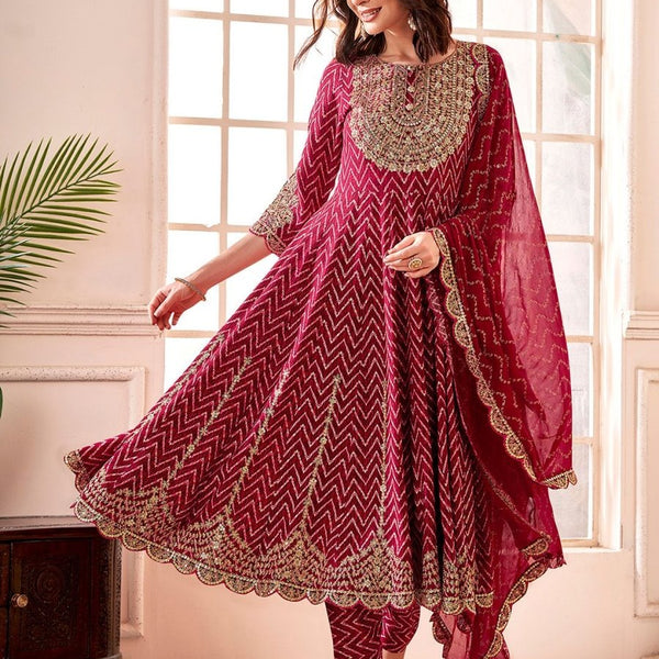Anouk Maroon Chevron Embroidered Empire Thread Work Anarkali Kurta & Trousers & Dupatta - Distacart