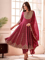 Thumbnail for Anouk Maroon Chevron Embroidered Empire Thread Work Anarkali Kurta & Trousers & Dupatta