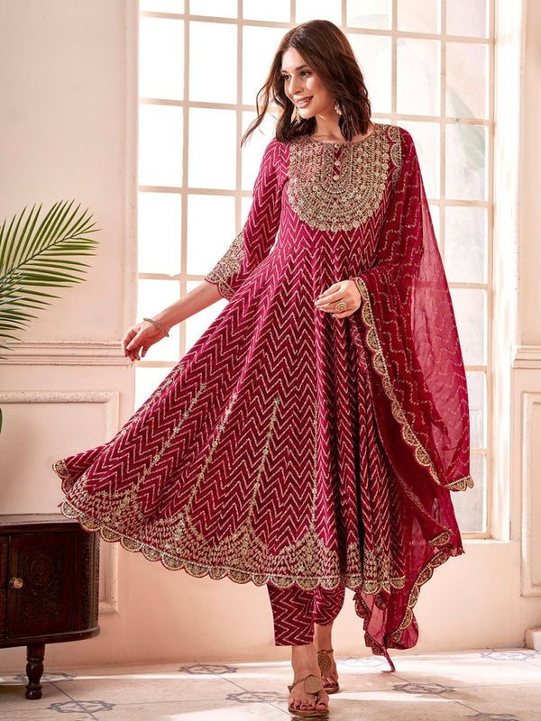 Anouk Maroon Chevron Embroidered Empire Thread Work Anarkali Kurta & Trousers & Dupatta