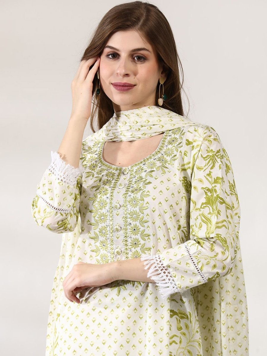 Anouk Off White Floral Printed Thread Work Pure Cotton Kurta With Trousers & Dupatta - Distacart
