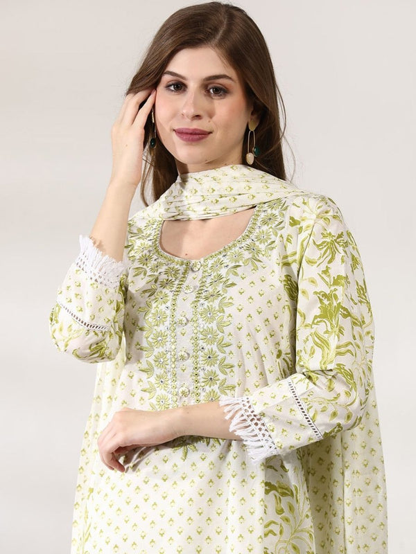 Anouk Off White Floral Printed Thread Work Pure Cotton Kurta With Trousers & Dupatta