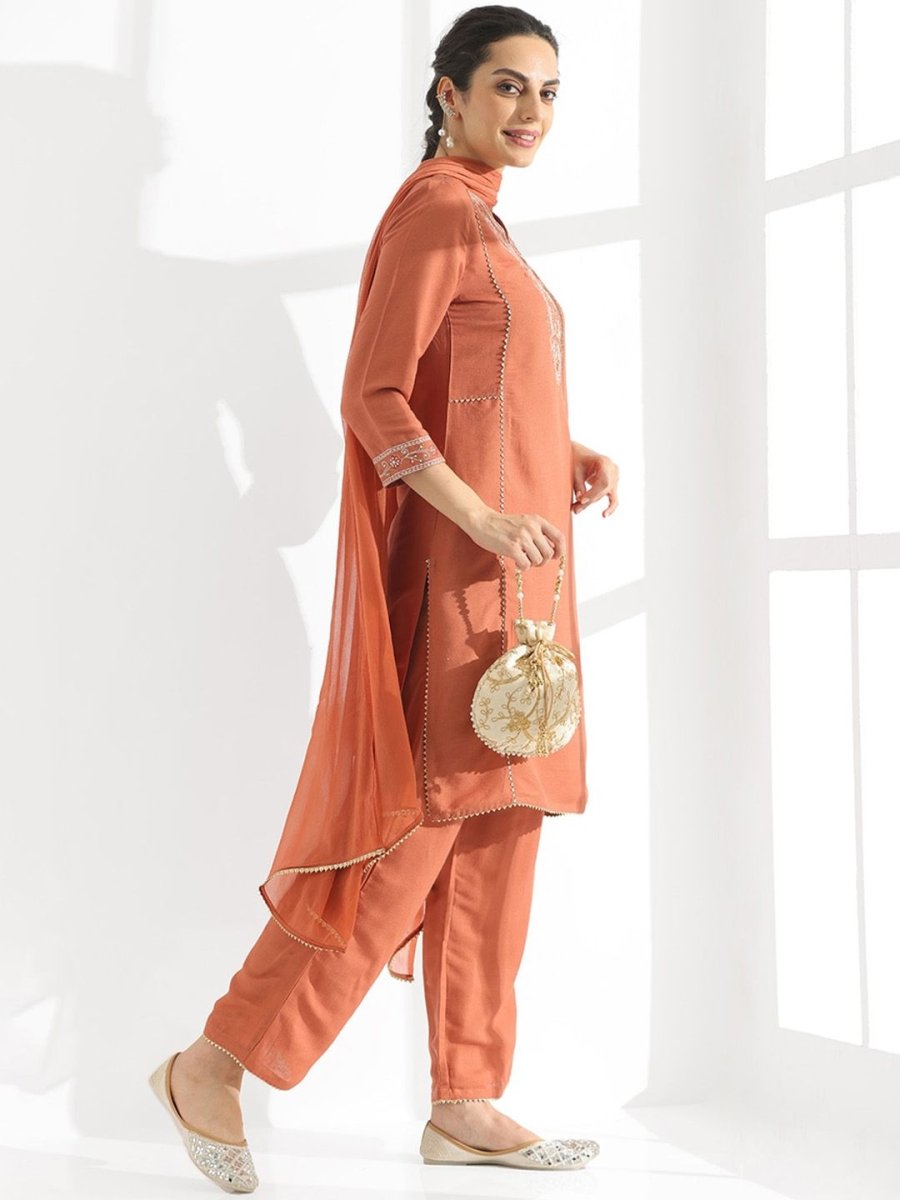 Anouk Floral Embroidered Regular Thread Work Kurta With Trousers & Dupatta