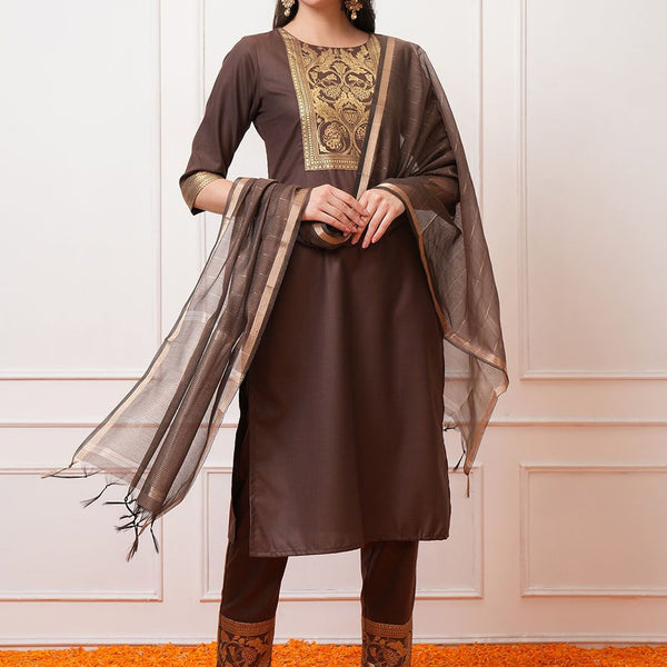 Vishudh Taupe Ethnic Motifs Printed Regular Kurta with Trouser & Dupatta - Distacart