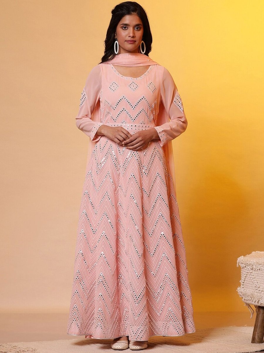 AURELIA Aurelia Embellished Mirror Work Georgette Maxi Ethnic Dress With Dupatta - Distacart