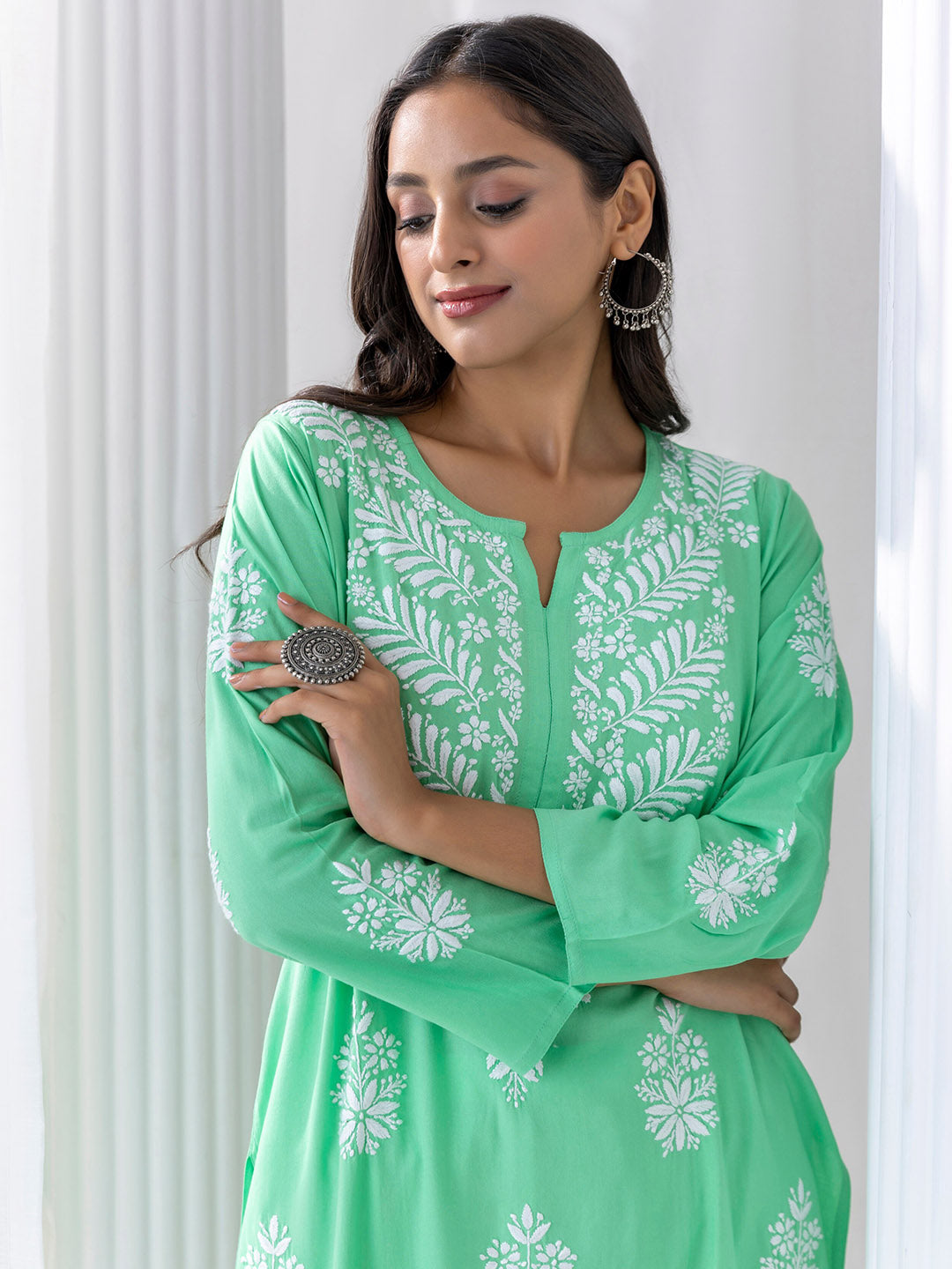 HOUSE OF KARI Floral Embroidered Chikankari A-Line Kurta - Distacart