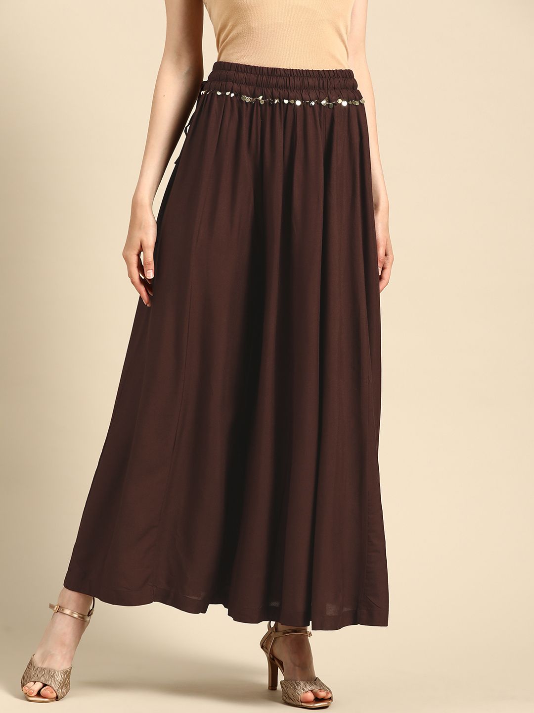TAG 7 Women Coffee Brown Solid Flared Palazzos - Distacart