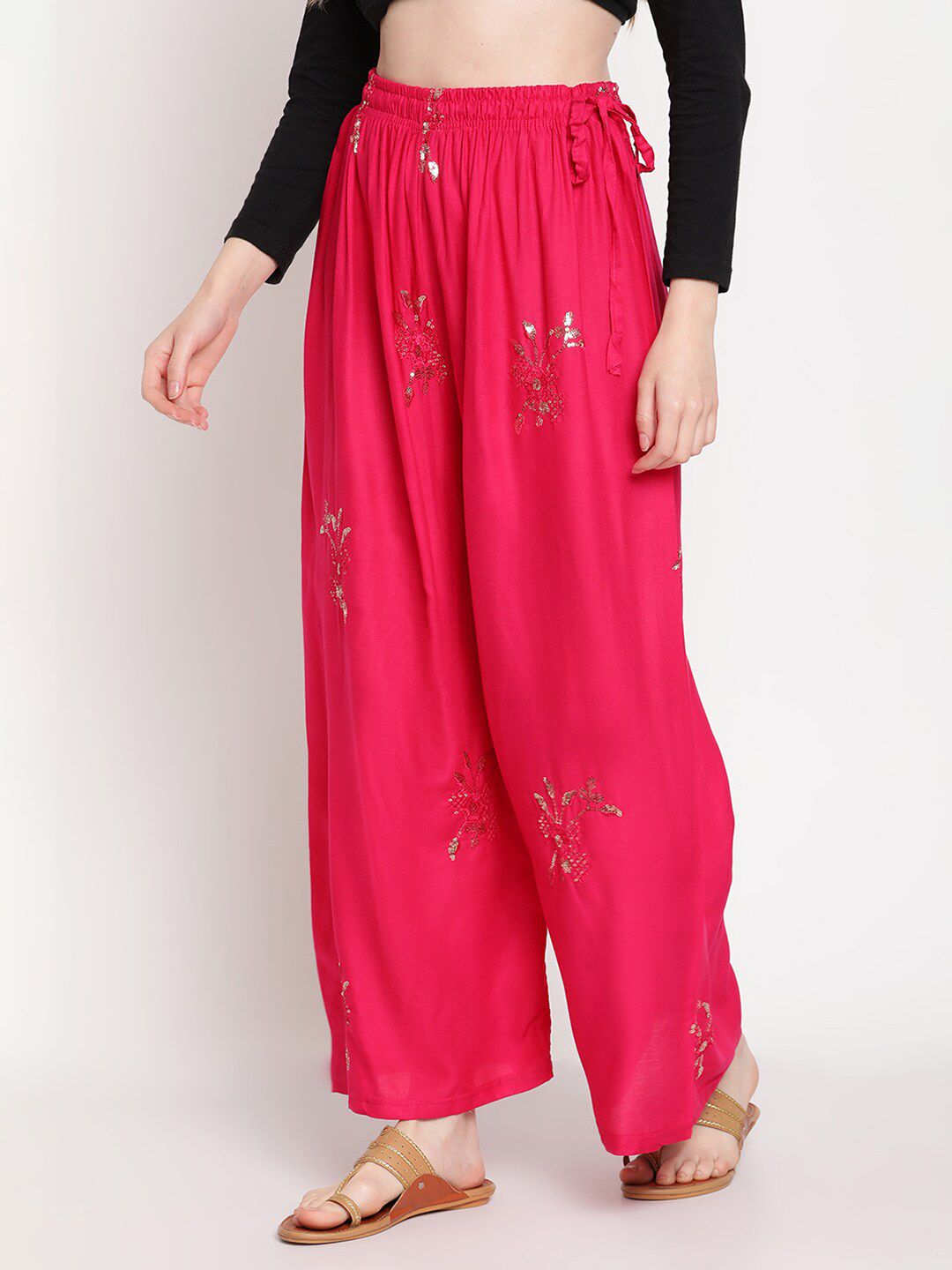 TAG 7 Women Pink & Gold-Toned Ethnic Motifs Embellished Flared Palazzos