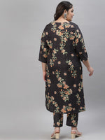 Thumbnail for Sztori Plus Size Black Floral Printed Round Neck Straight Kurta with Trousers - Distacart