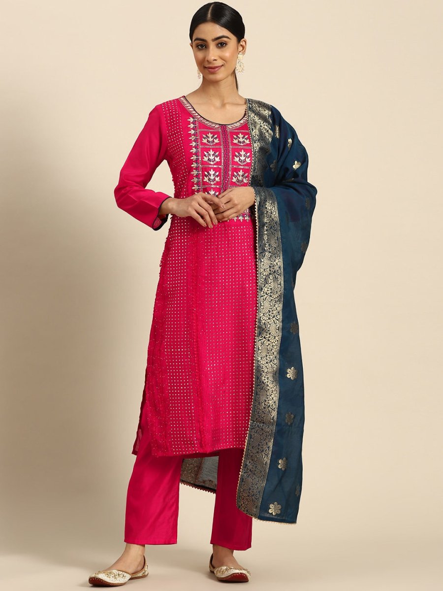 All About You Ethnic Motifs Embroidered Chanderi Silk Kurta with Trousers & With Dupatta - Distacart