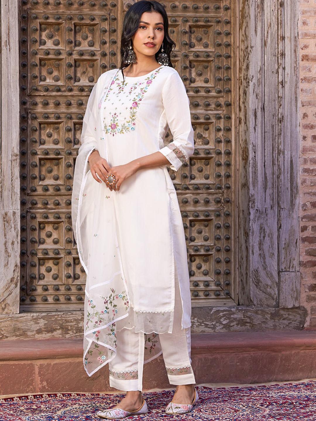 Kalini Floral Yoke Design Thread Work Chanderi Cotton Kurta With Trouser & Dupatta - Distacart