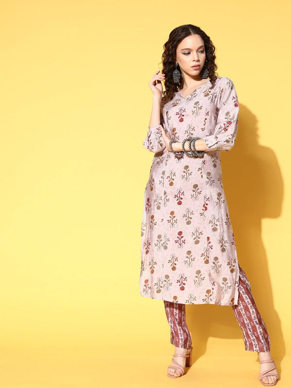 All About You Women Amusing Taupe Ethnic Motifs Print Parade Kurta with Trousers - Distacart