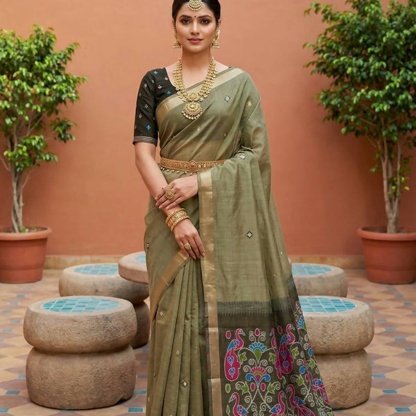 Vastranavya Mehendi Muga Cotton Meenakari & Azarakh Pallu Saree with Contrast Blouse - Distacart