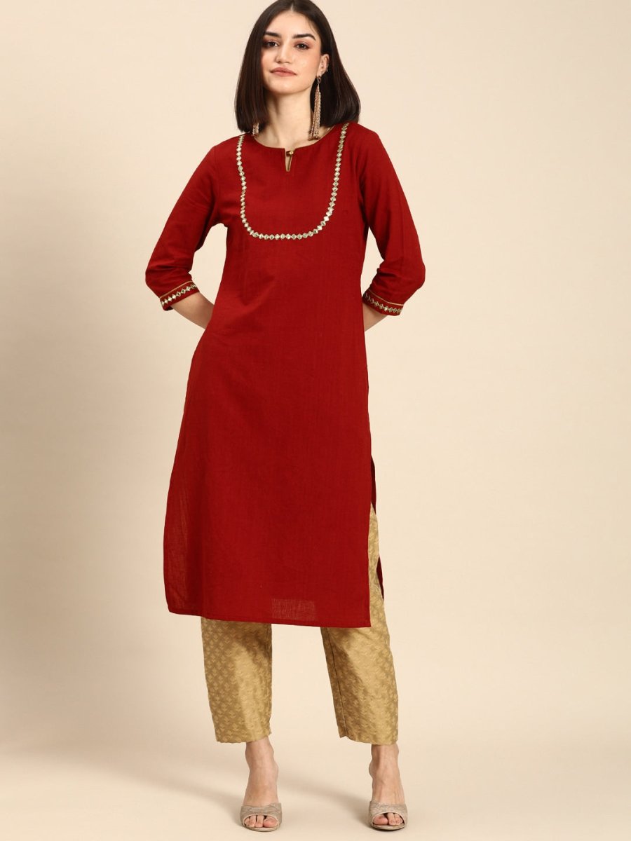 All About You Women Red & Gold-Toned Keyhole Neck Gotta Patti Kurta - Distacart