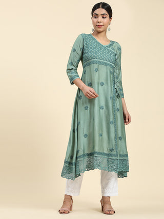 HOUSE OF KARI Embroidered Chikankari Chanderi Silk Anarkali Kurta - Distacart