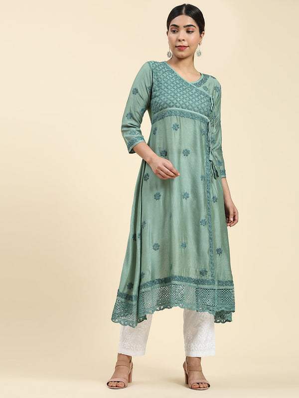 HOUSE OF KARI Embroidered Chikankari Chanderi Silk Anarkali Kurta - Distacart