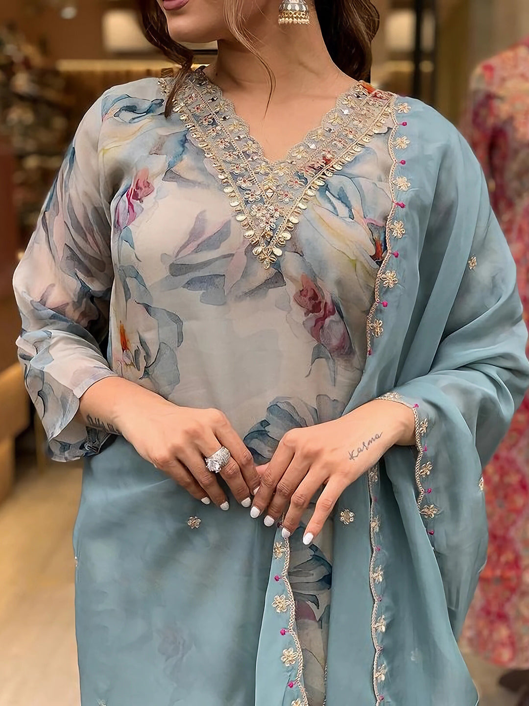 Kalini Floral Printed Sequinned Detailed Organza Straight Kurta & Trouser With Dupatta - Distacart