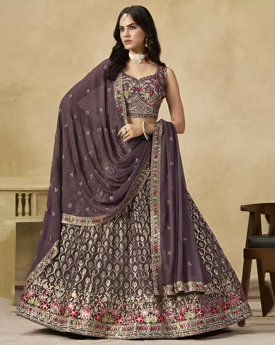 Women’s Semi-Stitched Dusty Mauve Georgette Zari Sequence Thread Embroidery Work Lehenga Choli With Georgette Dupatta-Jihu Culture - Dista