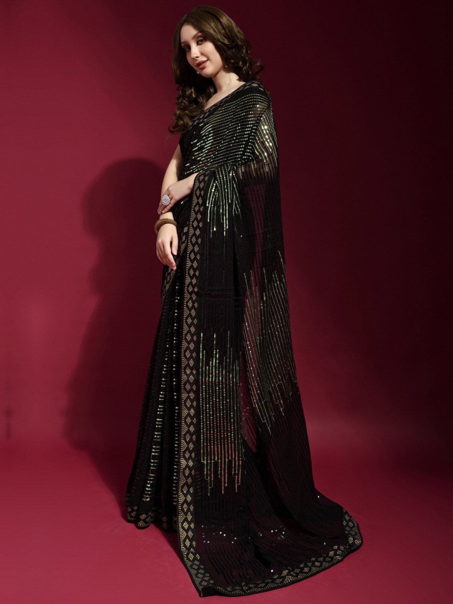 Anouk Black & Gold-Toned Embellished Sequinned Pure Georgette Saree - Distacart