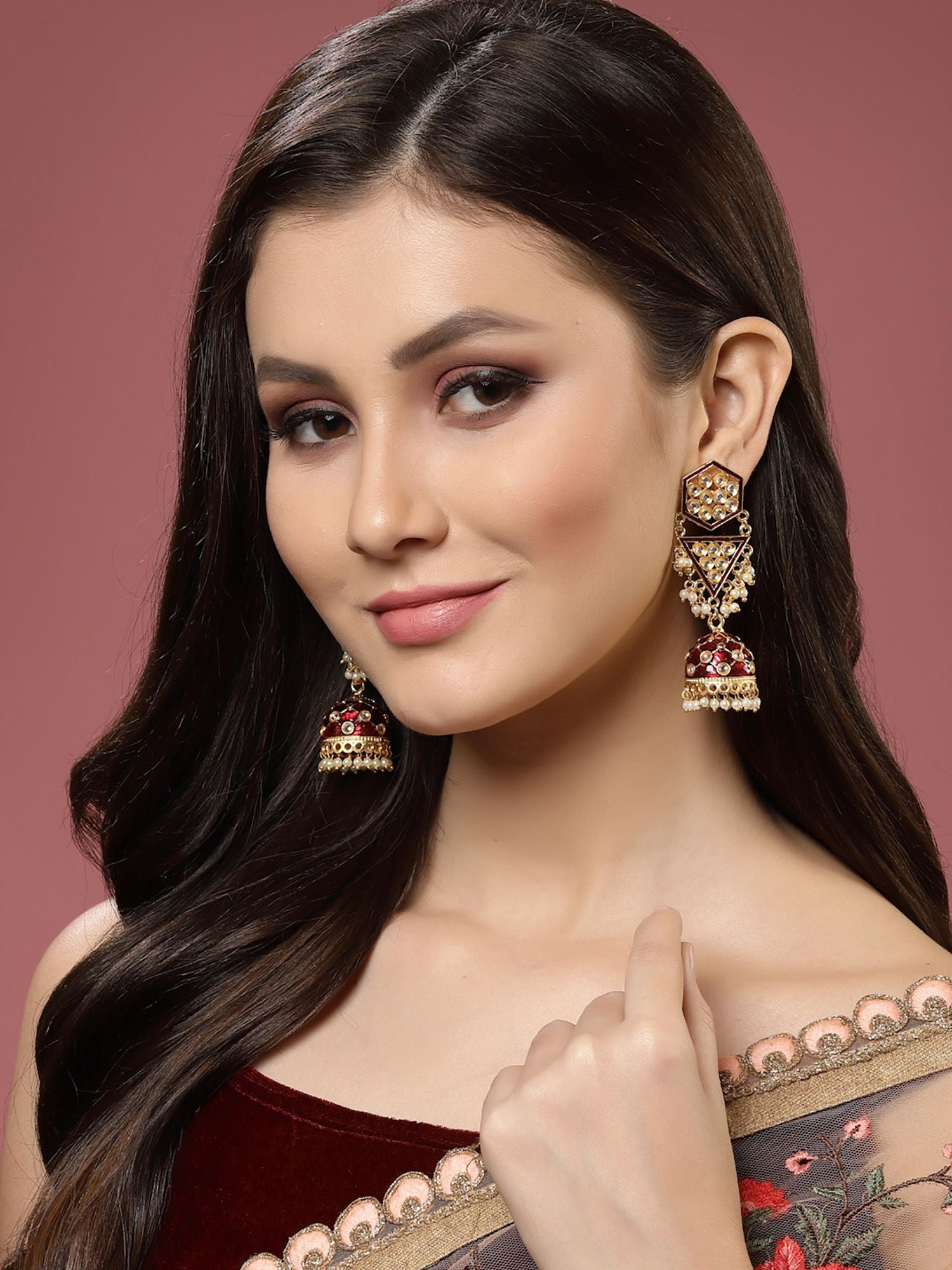 New Partywear Maroon Meenakari Drop Earrings for Womens by House of Ree - Distacart