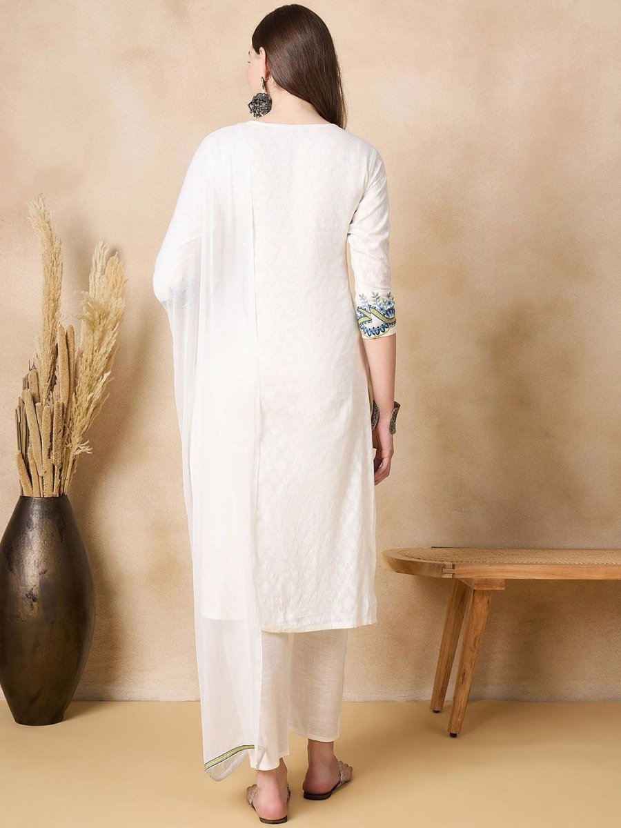 Anouk Floral Embroidered Thread Work Pure Cotton Straight Kurta with Trousers & Dupatta