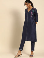 Thumbnail for All About You Women Navy Blue Embroidered Regular Thread Work Kurta with Trousers - Distacart