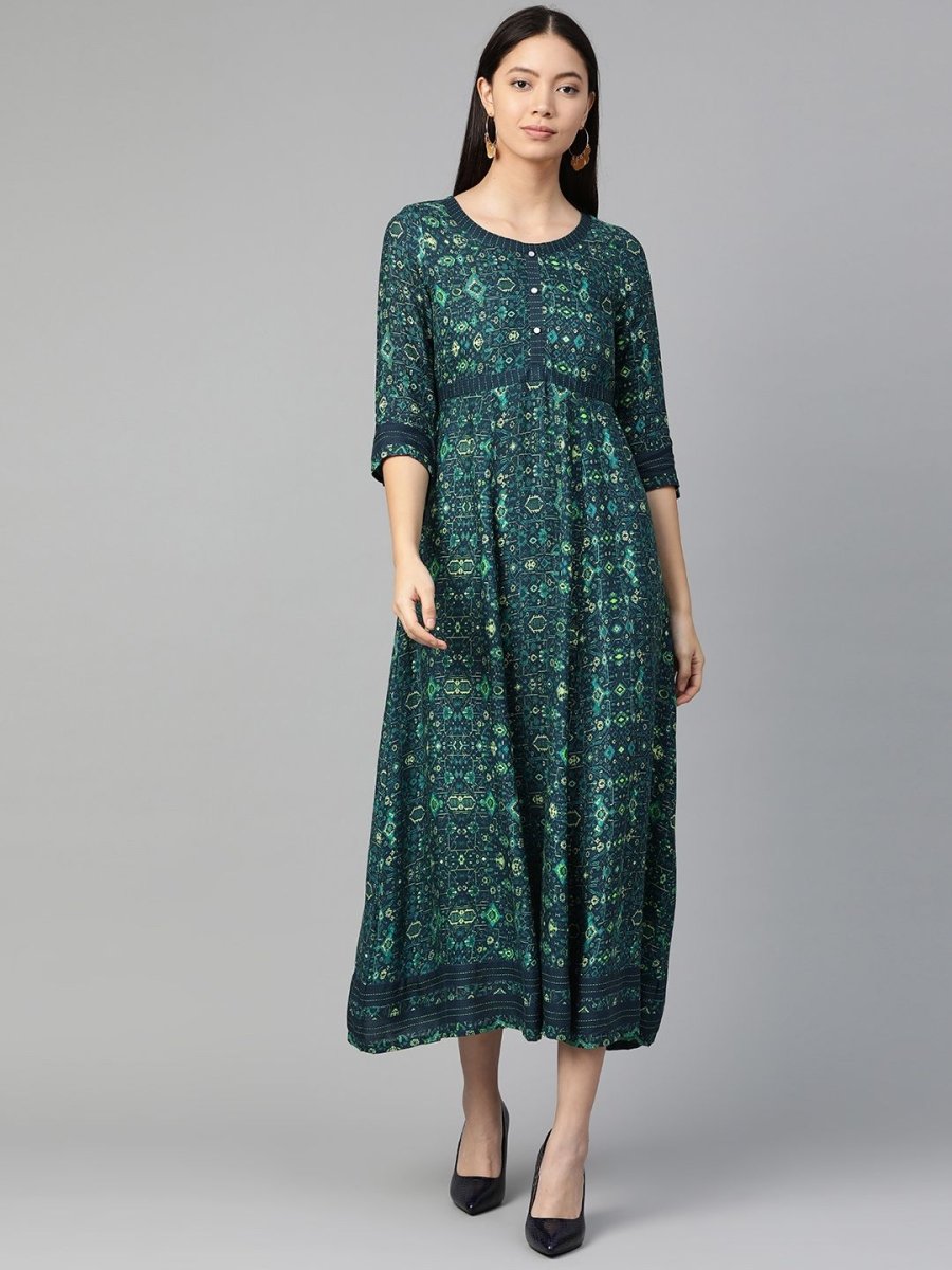 AURELIA Women Navy Blue & Green Printed Maxi Dress - Distacart