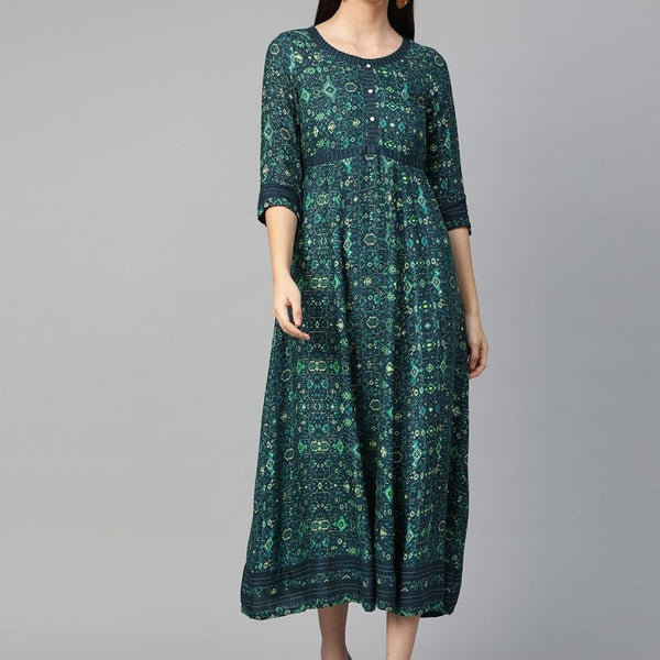 AURELIA Women Navy Blue & Green Printed Maxi Dress - Distacart
