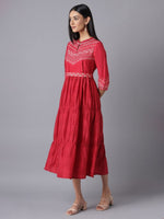 Thumbnail for AURELIA Red Ethnic Motifs Tiered Midi Dress