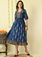 Thumbnail for Myshka Women's Blue Printed Cotton Party Dress - Distacart