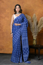 Thumbnail for Very Much Indian Handblock Printed Cotton Saree With Natural Dyes - Indigo Blue - Distacart