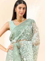 Thumbnail for Green Organza Floral Embroidered Saree with Unstitched Blouse Piece - Roozal - Distacart