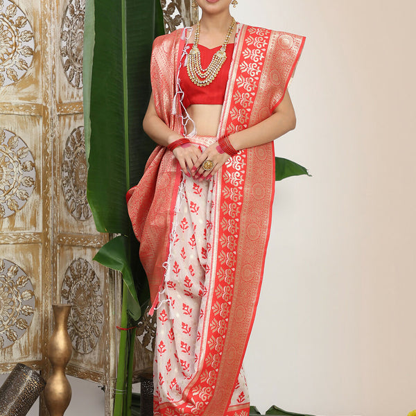 Astita Linen Cotton Red & White Saree