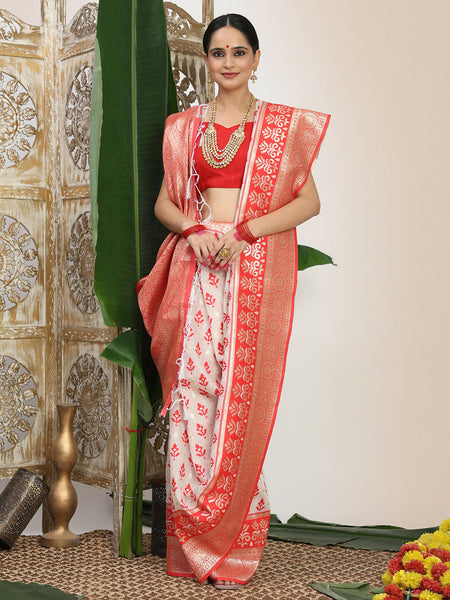Astita Linen Cotton Red & White Saree