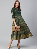 Thumbnail for AURELIA Women Green & Golden Printed A-Line Dress