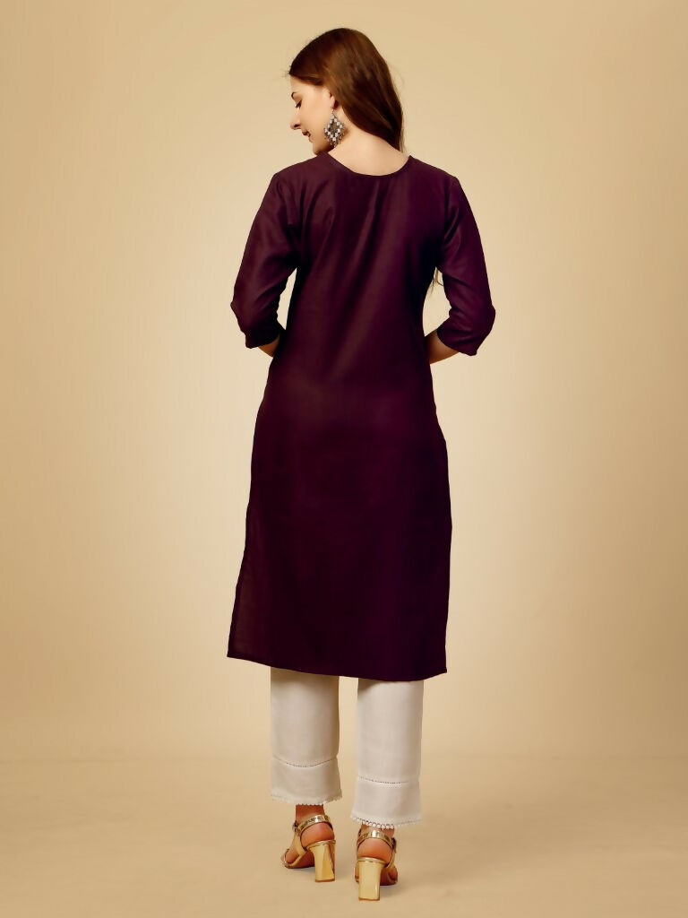Jyoti Fashion Women's Wine Cotton Blend Embroidered Kurta Pant Set - Distacart