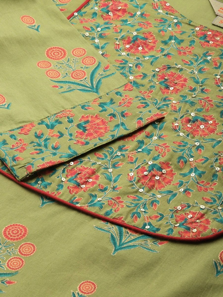 Anouk Pure Cotton Floral Printed Sequinned Kurta with Trousers & Dupatta - Distacart