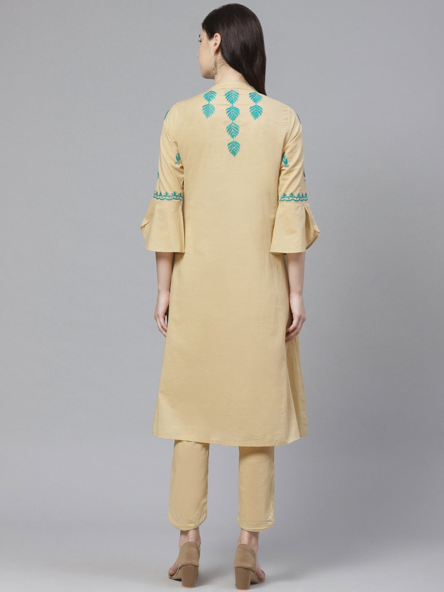 ADA Women Beige & Teal Green Chikankari Embroidered Sustainable Handloom Kurta with Trousers - Distacart