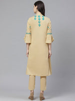 Thumbnail for ADA Women Beige & Teal Green Chikankari Embroidered Sustainable Handloom Kurta with Trousers - Distacart