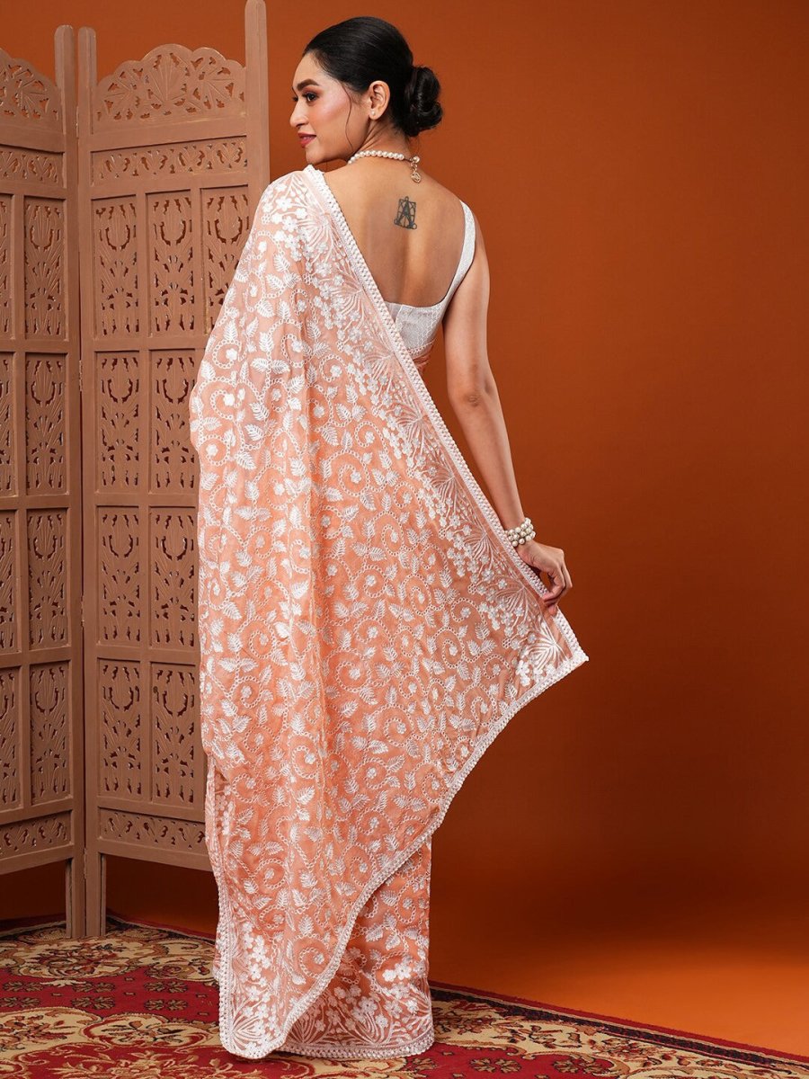 Anouk Peach Floral Embroidered Organza Saree - Distacart