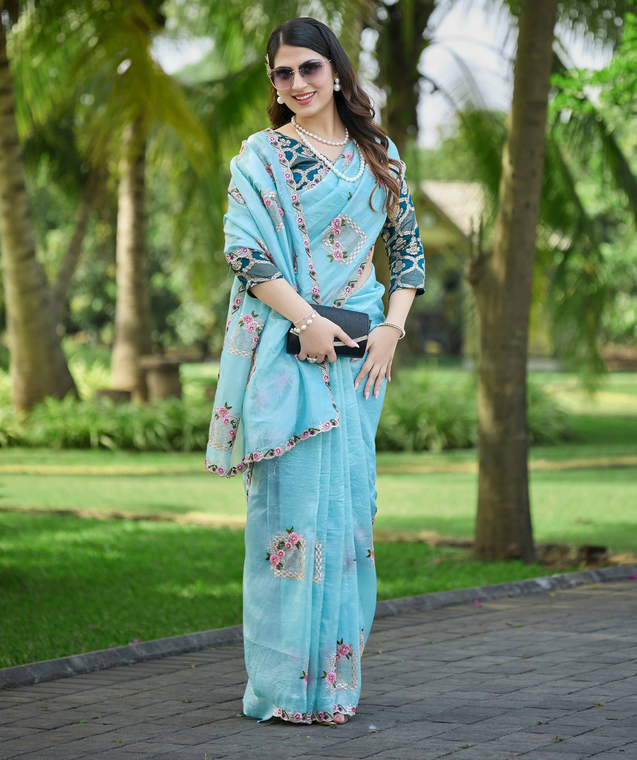 Teeya Creation Sky Color Pure Paper Silk Heavy Embroidery Work Wedding Wear Saree - Distacart