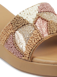 Thumbnail for Metro Gold-Toned Printed Flatform Mules