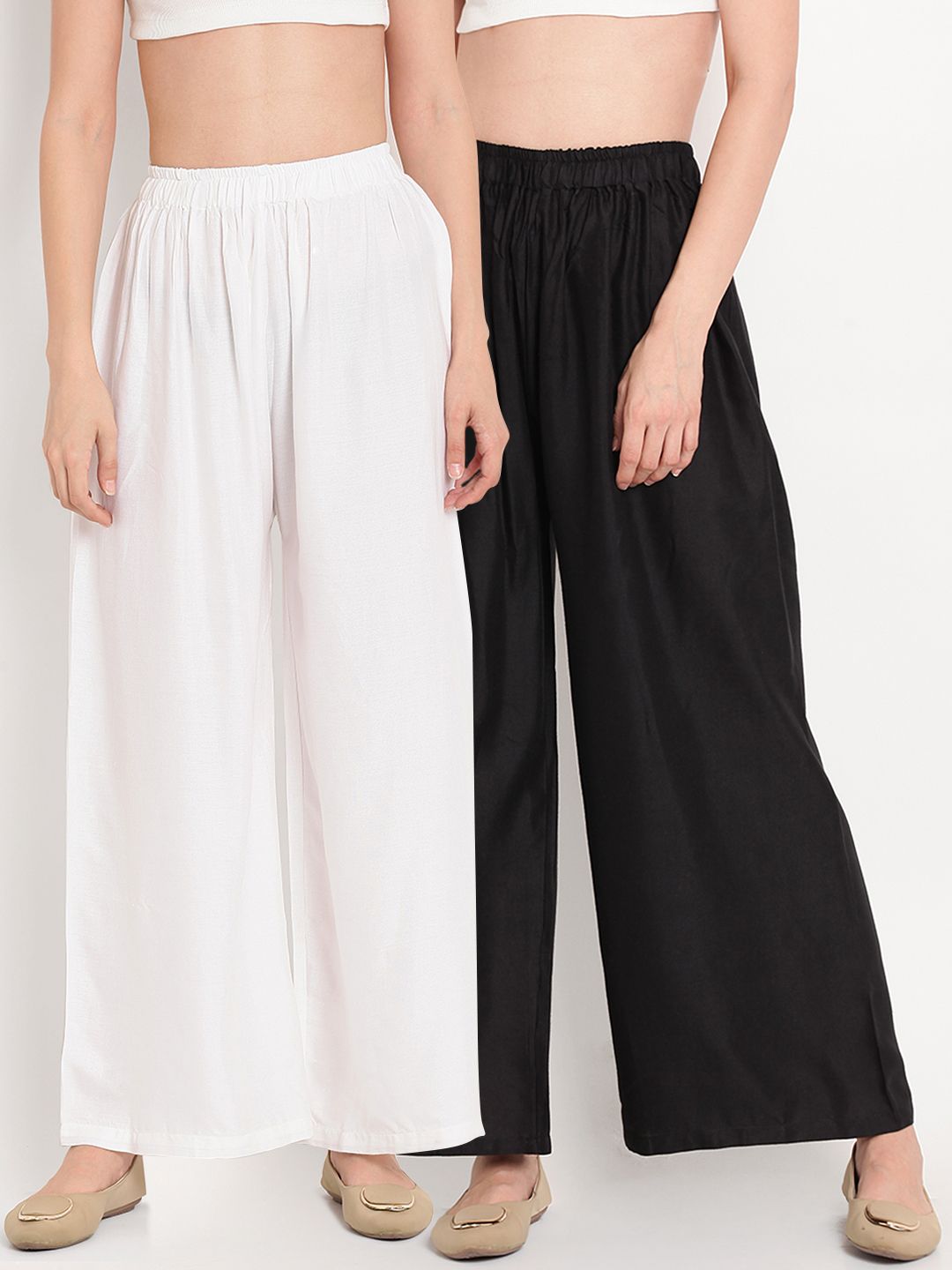 TAG 7 Women Pack Of 2 White & Black Solid Flared Palazzos - Distacart