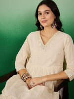 Thumbnail for Sangria Off White Floral Embroidered Mirror Work Pure Cotton Anarkali Kurta Set