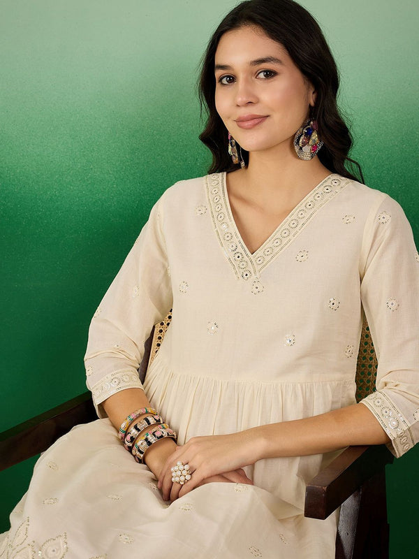 Sangria Off White Floral Embroidered Mirror Work Pure Cotton Anarkali Kurta Set