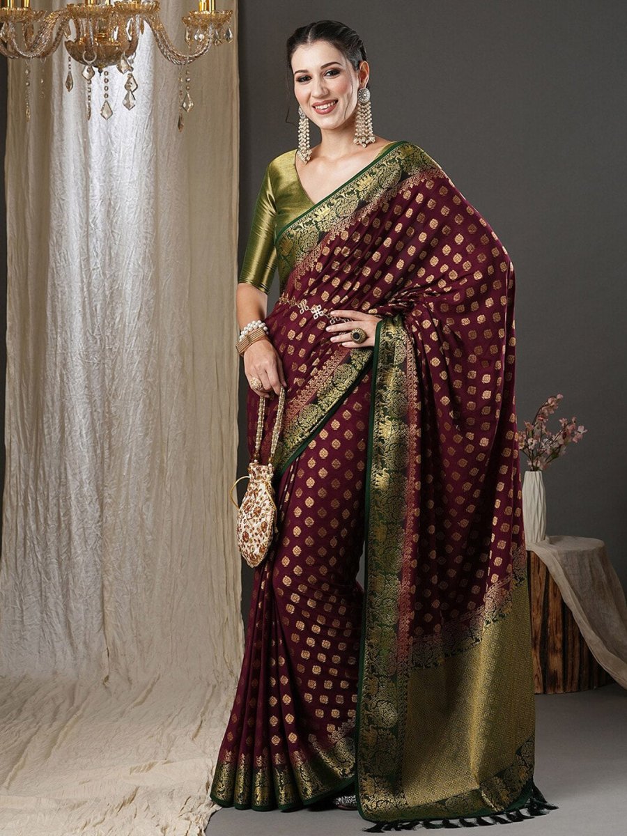 Anouk Burgundy & Green Ethnic Motifs Woven Design Zari Pure Georgette Kanjeevaram Saree - Distacart